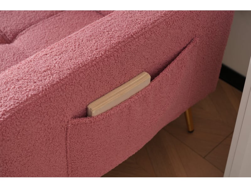 Canapé droit convertible 2 places 175 cm rose en sherpa, dossier 3 positions, poches latérales et pieds dorés Fay Lum - Conforama E