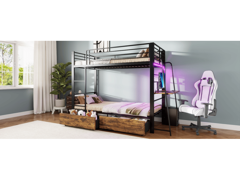  Lit mezzanine 90 × 200 cm 1 place avec bureau, led, tiroirs, sans matelas, en métal et mdf noir  - Conforama B