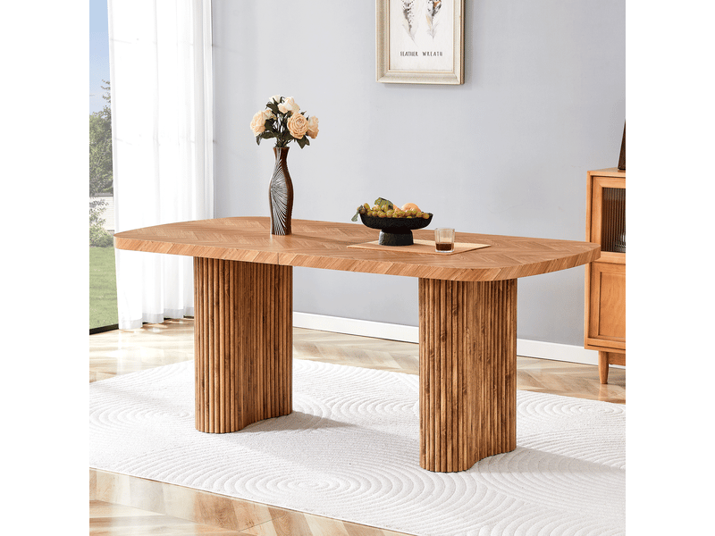  Table de salle à manger avec plateau de 4 cm et pieds en arche, style moderne, en mdf, 180×90 cm, finition noyer  - Conforama C