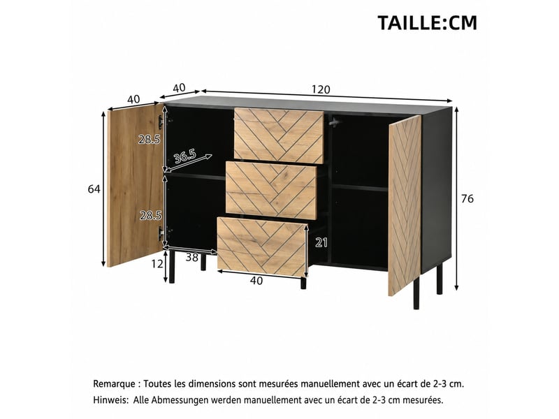  Buffet de rangement 120 x 40 x 76 cm – 3 tiroirs et 2 placards – noir et décor bois  - Conforama D
