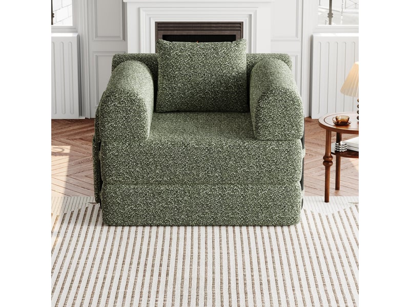  Fauteuil convertible 1 place - 94x91,4x69,8cm - chauffeuse lit chenille, 3 cadres acier, poche accoudoir, antidérapant - vert  - Conforama D
