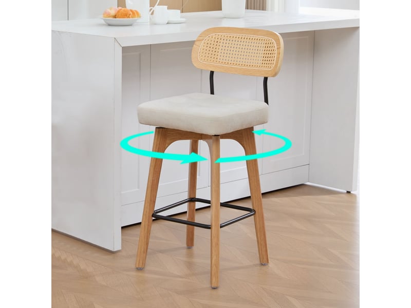  Tabouret de bar rotatif 360°, lot de 2, tabourets de cuisine avec dossier en rotin et assise rembourrée, style mid-century moderne, beige, chenille  - Conforama B
