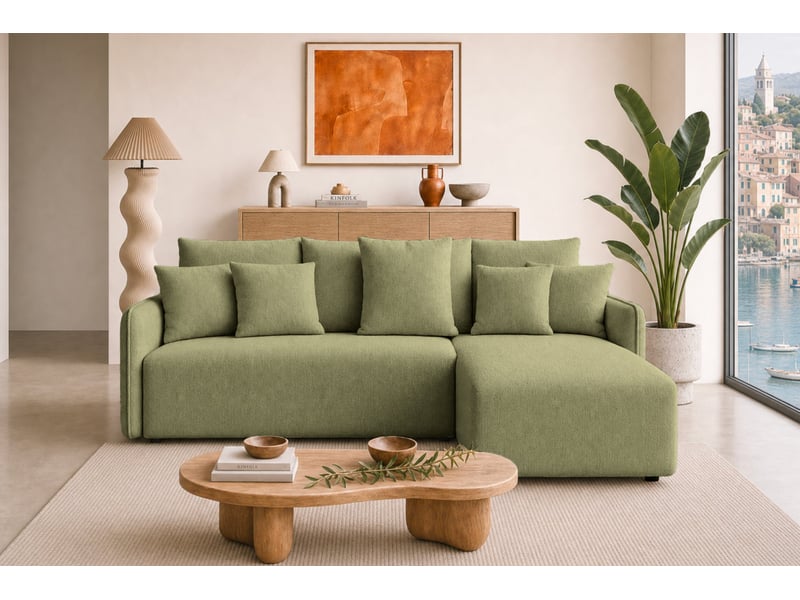  Portofino - canapé d'angle convertible tissu chenille 3 places vert  - Conforama D