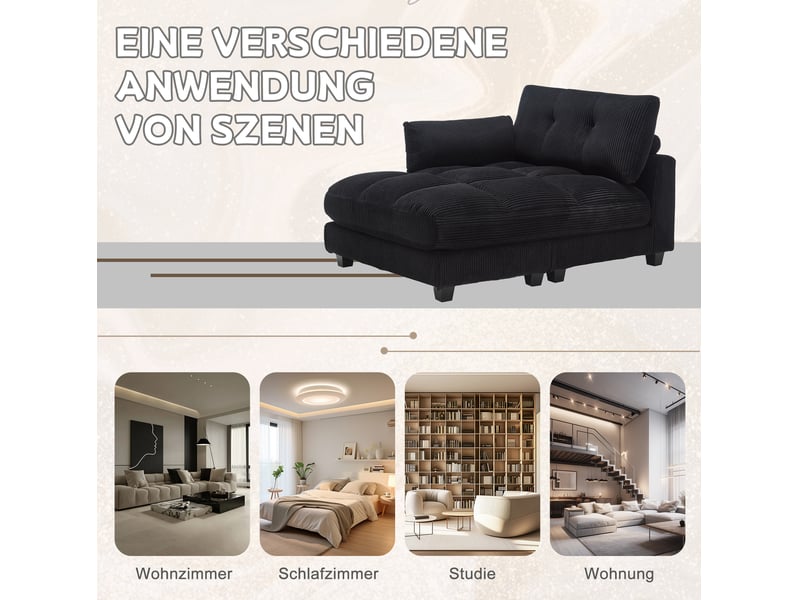  Fauteuil relax fixe en velours côtelé noir avec usb, porte-gobelets et poche latérale, 112 × 140 × 81 cm  - Conforama D