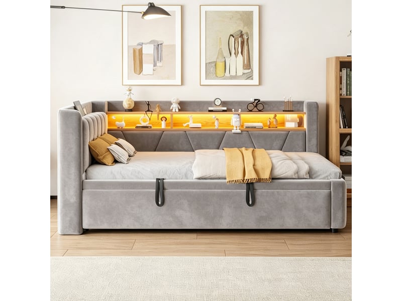  Lit banquette extensible 90 à 180 × 200 cm en velours gris, usb et led IKSETERA TRADING LTD - Conforama D