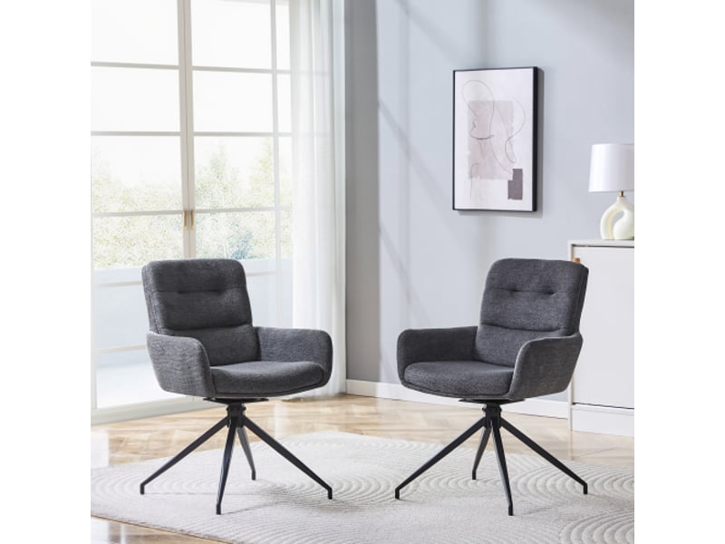  Ensemble de 2 chaises pivotantes, design luxueux, lin gris foncé, pieds noirs en métal, pivot silencieux 360°  - Conforama B