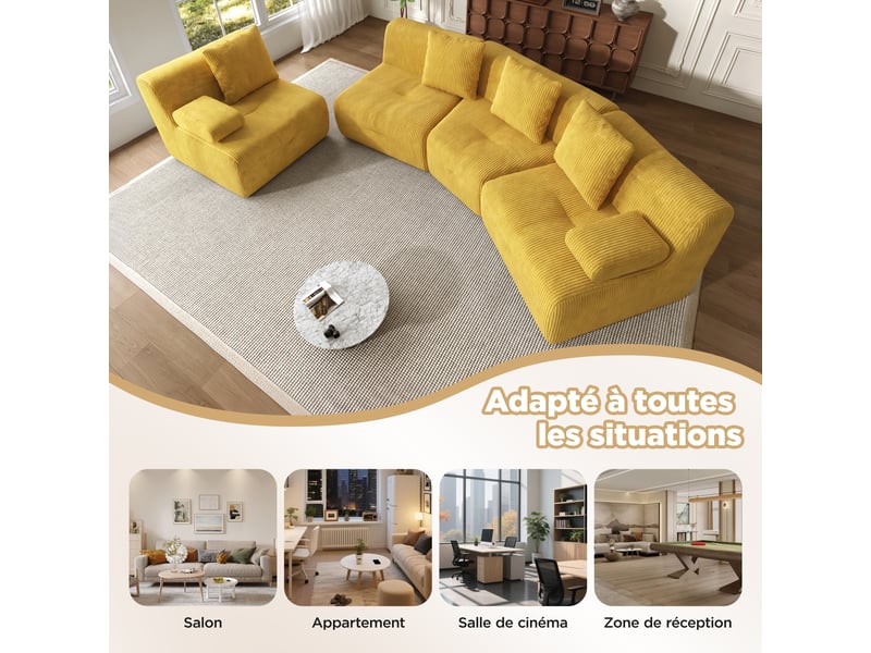  Canapé modulable 4 places, superbe canapé en velours côtelé jaune pour salon, design moderne, dimensions 311x90x65 cm, charge maximale 400 kg.  - Conforama C