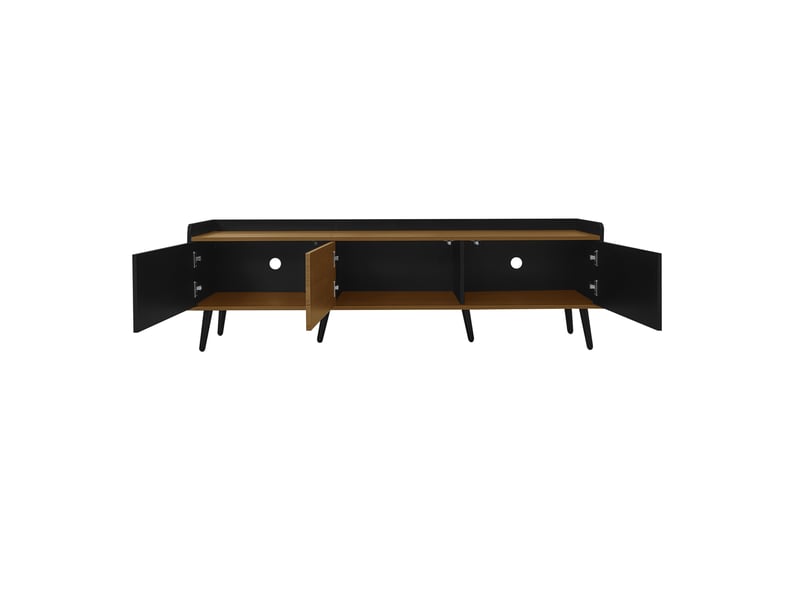  Meuble télévision 160 x 39 x 49,5 cm 3 portes rangement sécurisé pieds strié mdf et particules noir et naturel  - Conforama E
