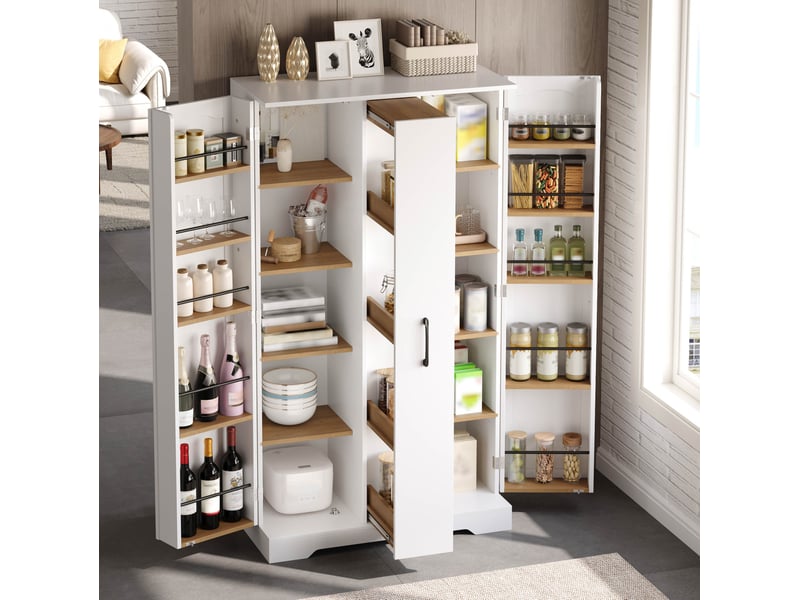  Buffet de cuisine haut avec 2 portes, 4 étagères et tiroir vertical à épices, en mdf blanc, 78 × 40 × 150 cm  - Conforama D