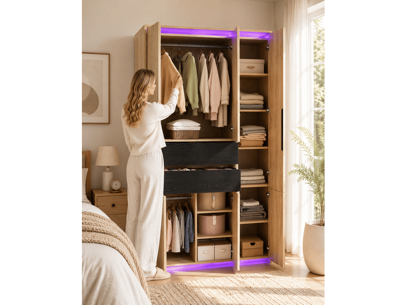  Armoire miroir led, 3 portes, 4 tiroirs, 9 niches, 2 penderies, chambre, mdf chêne anthracite 110 × 47 × 200 cm  - Conforama E