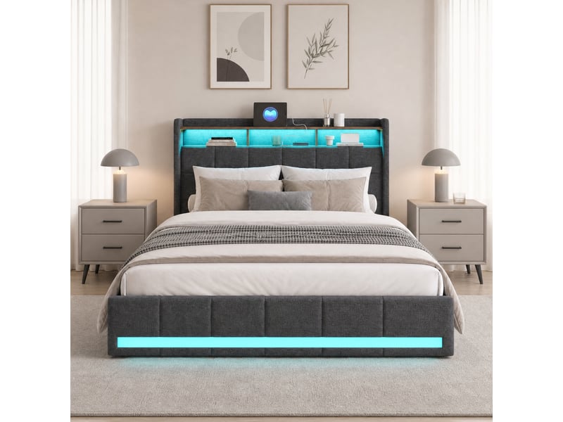 Lit rembourré 180 x 200 cm, lit double avec éclairage led et 4 tiroirs, tête de lit avec espace de rangement et port usb, lin, gris 231205TT0706#ADsmQHWStwDELLM - Conforama C
