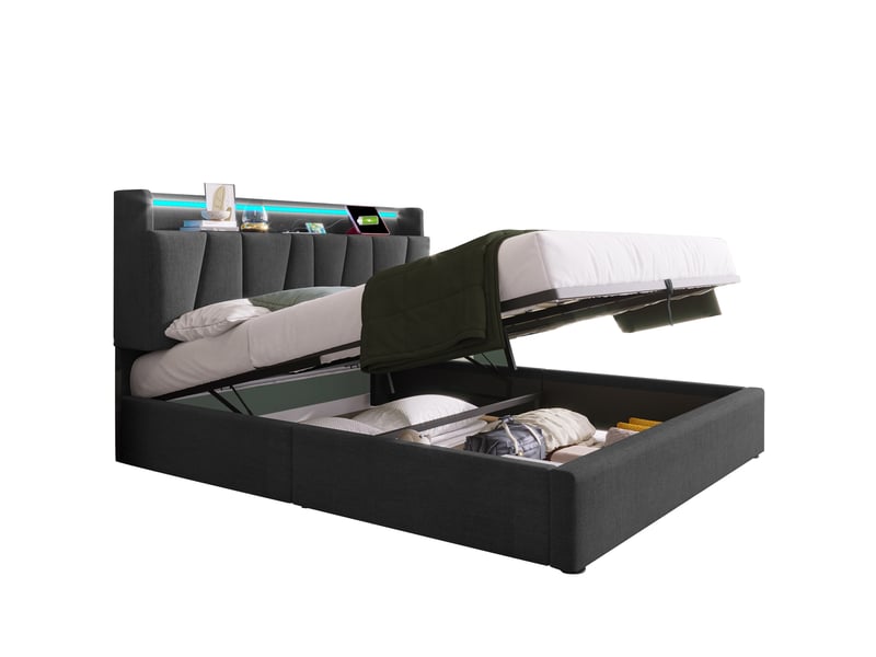 Lit coffre 160x200 cm gris en lin, tête de lit avec usb, type c et led, rangement sous le sommier  - Conforama A