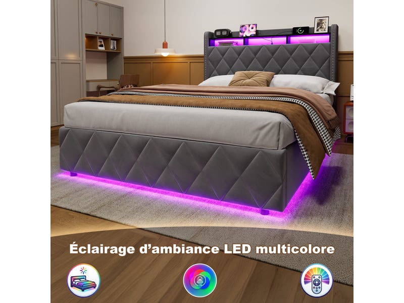  Lit coffre 140x200 cm, hydraulique, tête losange, rangement et led, étagère intégrée, velours gris, sans matelas  - Conforama E