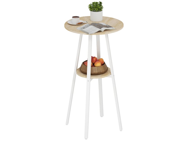  Table haute ronde avec étagère, table de cuisine ou de salle à manger moderne, pour 2 personnes, naturel et blanc  - Conforama B