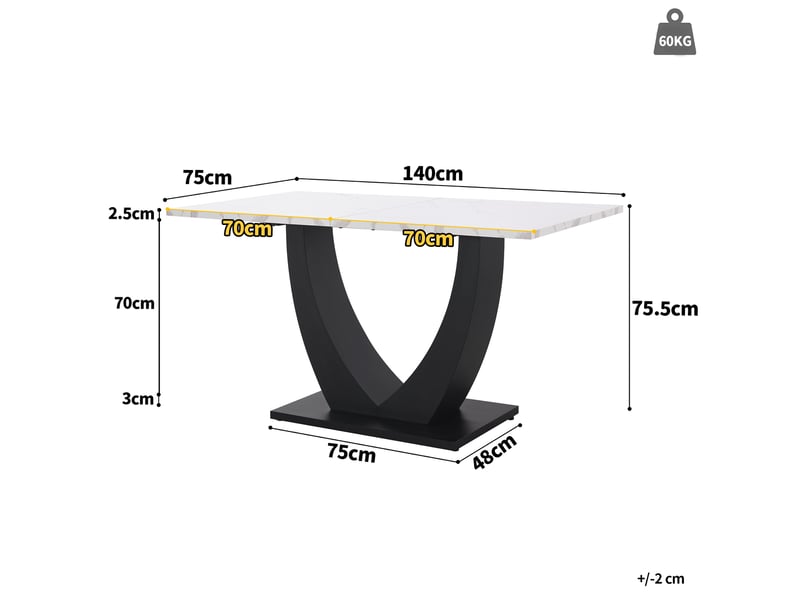 Table à manger rectangulaire 140x75,5cm, finition blanche, effet marbre design moderne, plateau aggloméré, cadre métal, usage cuisine, pieds ajustables - Conforama C