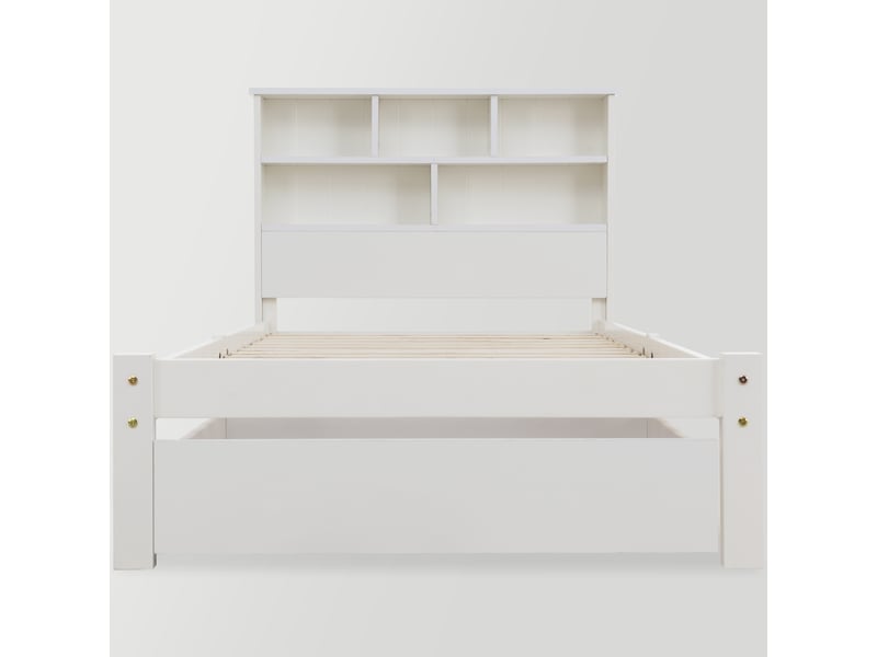 Lit coffre 90x200 avec tiroirs sur roulettes et tête de lit bibliothèque pour rangement optimisé chambre enfant blanc - Conforama A