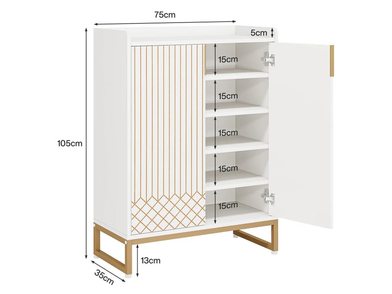  Meuble à chaussures 5 niveaux en bois et métal blanc et doré 73x35x105 cm  - Conforama C