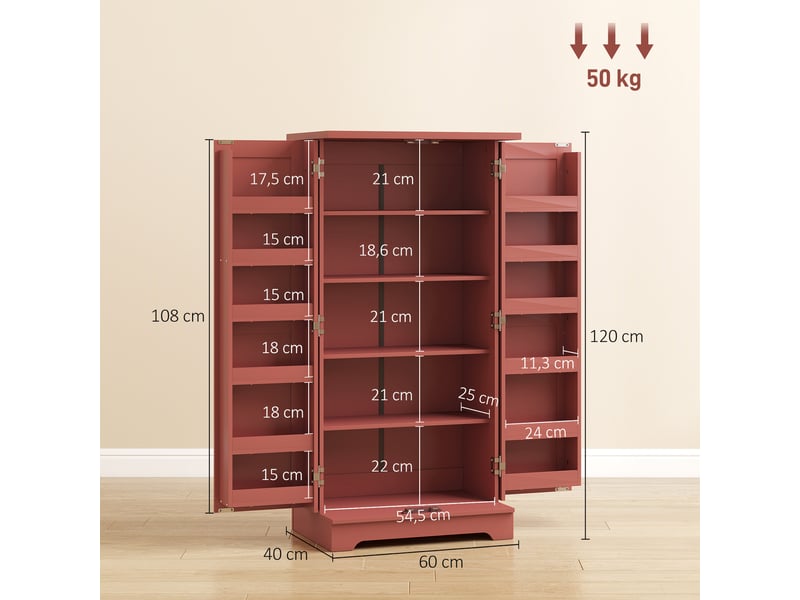  Buffet cuisine armoire de cuisine 5 niveaux avec portes et étagères réglables 60l x 40p x 120h cm grain de bois rouge  - Conforama C