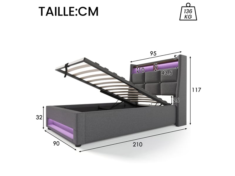  Lit coffre 90x200 cm en coton et lin, lit simple avec usb, led réglable et étagère, sans matelas, gris  - Conforama D