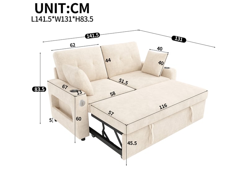 Canapé convertible 2 places avec couchage, led, ports usb et usb-c, rangements et porte-gobelets en chenille beige - Conforama D