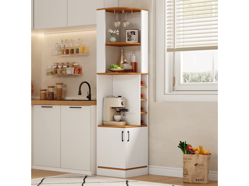  Meuble d'angle avec porte-verres, 4 casiers à bouteilles, étagères et placard, pour cuisine, mdf blanc, 40 × 40 × 182 cm  - Conforama C