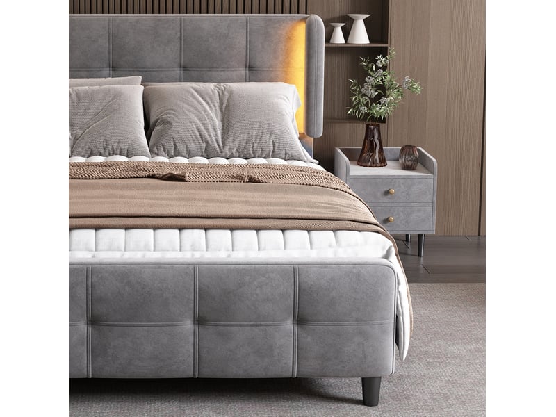 Lit 2 places 140x200cm, tête de lit réglable, sommier, éclairage avec éclairage led, velours gris, sans matelas - Conforama E