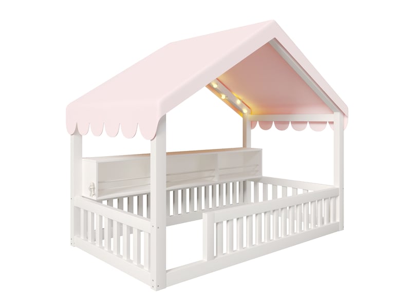  Lit cabane au sol 90 × 200 cm, toit textile rose, bibliothèque, guirlande led, barrières, structure en pin et mdf, blanc  - Conforama A