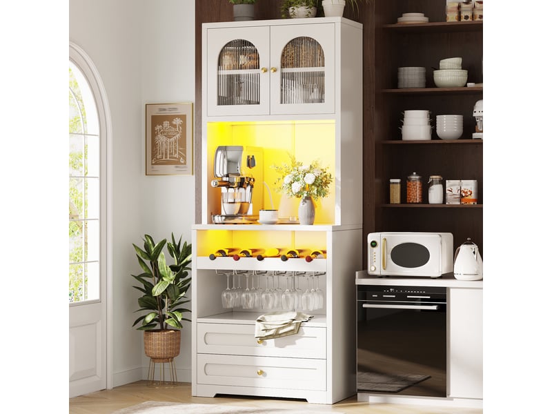  Meuble de cuisine muvano, armoire blanche en mdf et métal, portes vitrées et led, 70 × 40 × 180 cm  - Conforama B