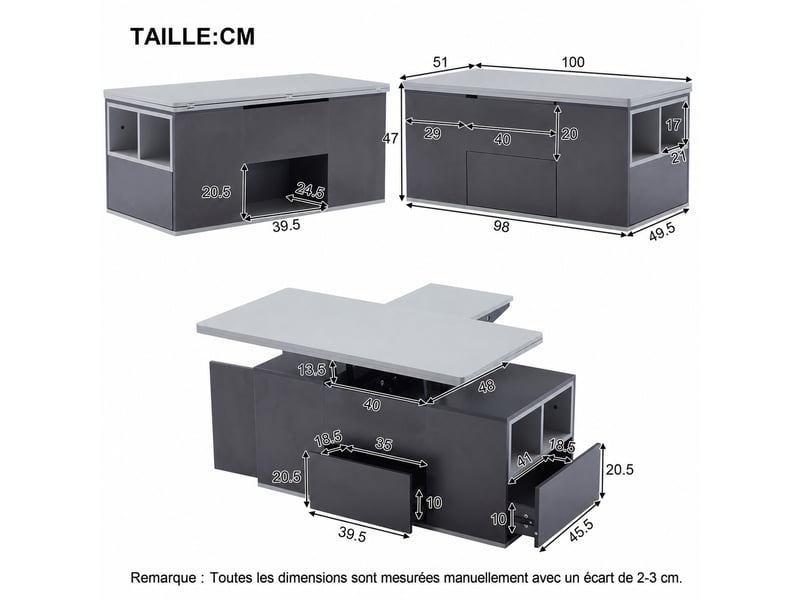  Table basse relevable multifonctionnelle grise – plateau modulable et rangement – 100 x 51 x 47 cm  - Conforama D