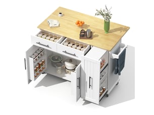 Îlot de cuisine blanc et naturel 120 x 40 x 90 cm – chariot roulant avec organisateur coulissant 3 étages, 5 roues dont 2 freinées