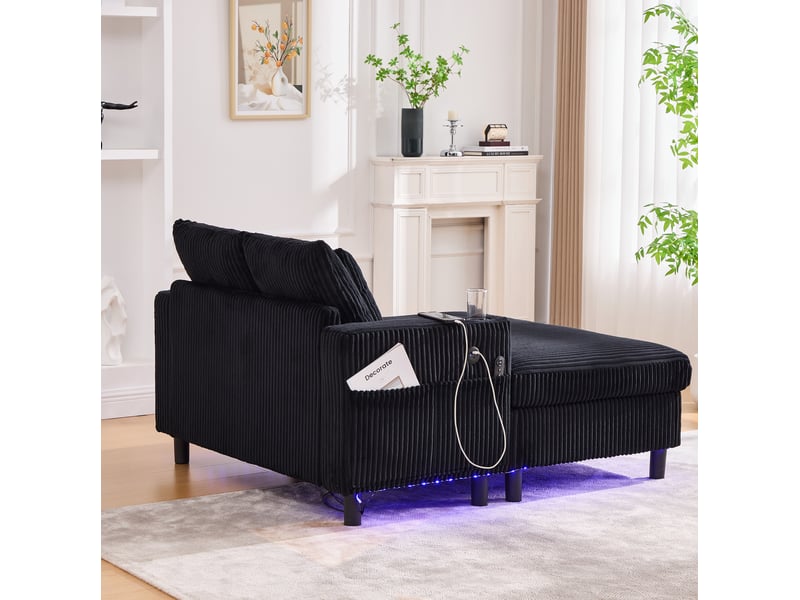  Fauteuil chaiselongue modenvie en velours côtelé noir avec led, usb et porte-gobelets 142 x 128 x 85 cm  - Conforama D