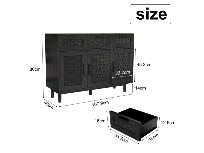  Buffet de rangement avec 3 tiroirs et 3 portes - 107.9x40x80cm - meuble bahut style rotin synthétique - noir aspect bois texturé  - Conforama E