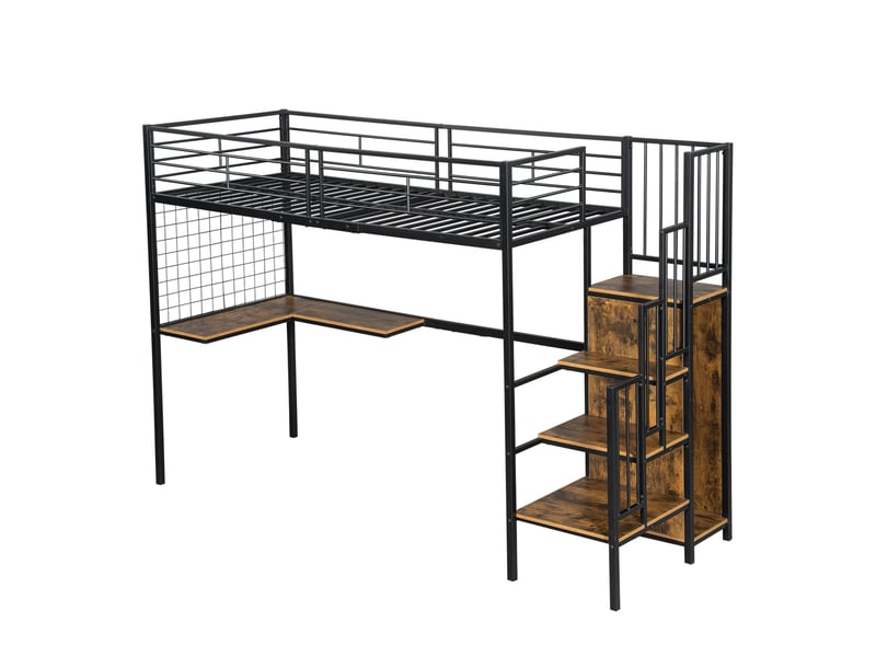  Lit mezzanine 90x200 cm avec rangement noir et bois foncé  - Conforama W