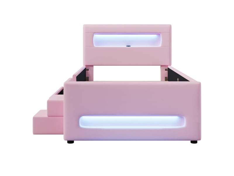  Modenvie lit enfant 90x200 cm - avec tiroir de rangement, éclairage led et escalier - pour chambre d'enfant - rose  - Conforama A