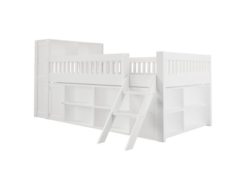  Lit en bois 120x200 cm blanc mdf et pin avec éclairage led rangements ouverts et fermés et échelle Sol Morn - Conforama A