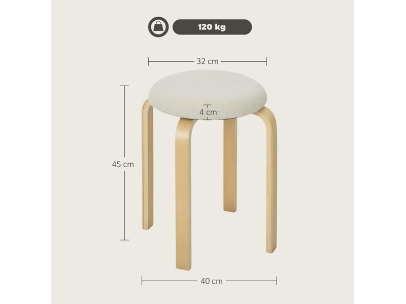  Lot de 4 tabourets de salle à manger empilables, assise rembourrée en tissu effet lin, bois blanc crème  - Conforama C