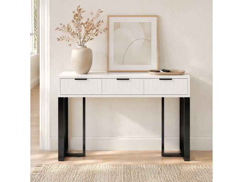  Console avec tiroirs, pieds réglables et cadre doré, motifs géométriques, pour entrée, salon ou bureau, blanc et noir  - Conforama C