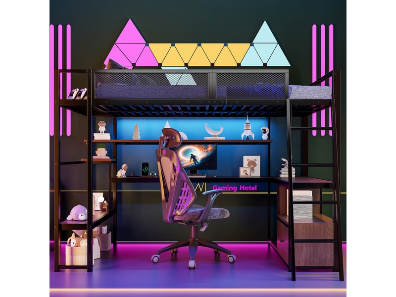  Lit mezzanine 140 x 200 cm, en métal, avec espace de travail intégré, éclairage led et grand espace de rangement, noir.  - Conforama B