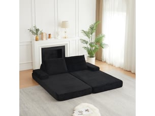 Canapé modulable convertible 211 cm en velours côtelé, canapé-lit avec 2 dossiers triangulaires, 2 coussins et 2 accoudoirs amovibles - noir