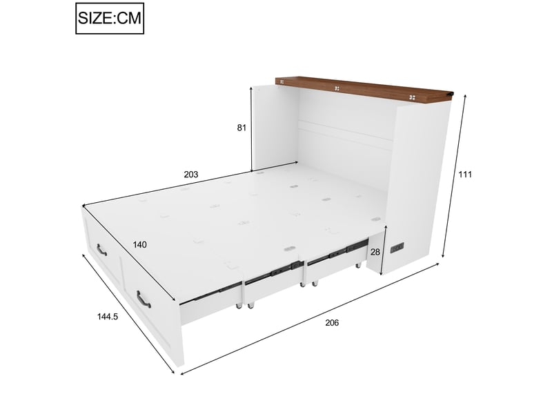  Lit escamotable 140 x 200 cm avec prise européenne et roulettes silencieuses, blanc  - Conforama C