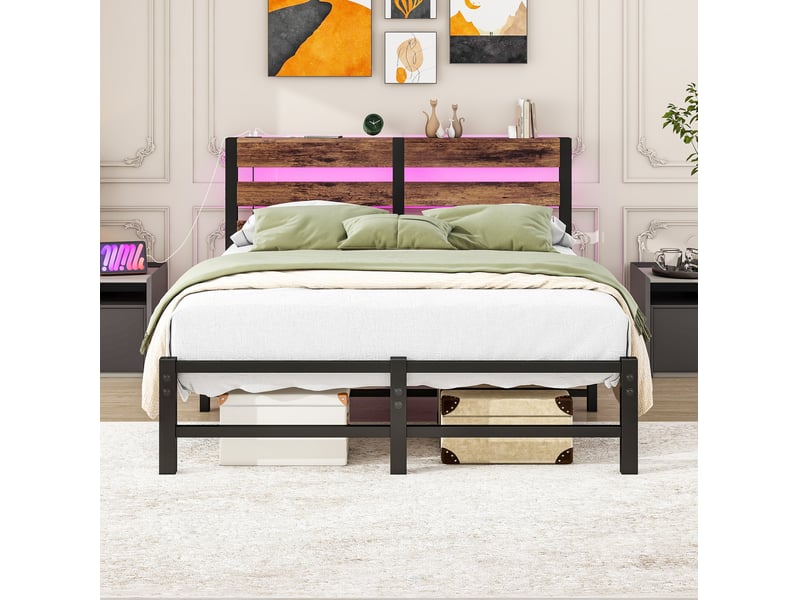  Lit cadre, 120x200 cm, led, ports usb, solution pratique, matelas non inclus, métal et bois, coloris noir et marron  - Conforama B