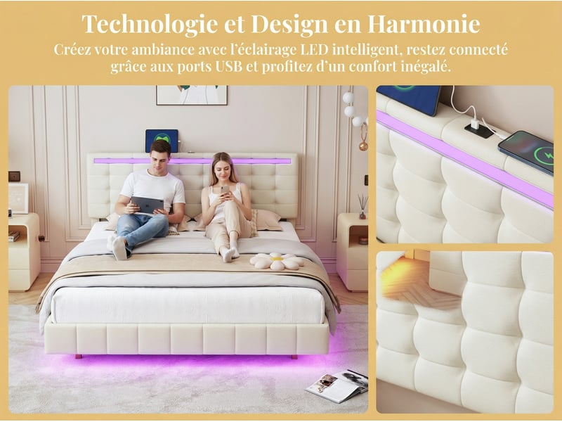  Lit 2 places 160x200 cm effet flottant avec led – tissu beige, pieds invisibles et sommier à lattes  - Conforama E