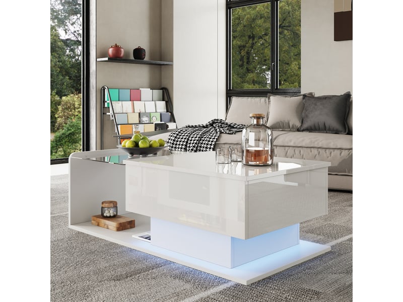  Table basse ulevr relevable avec rangement, led contrôlée par application, plateau en verre trempé, 100 x 50 cm, blanc brillant  - Conforama E