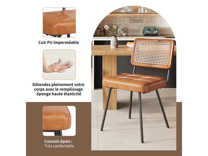  Lot de 2 chaises de salle à manger en cuir synthétique pu dossier cannage pieds en métal rétro  - Conforama D