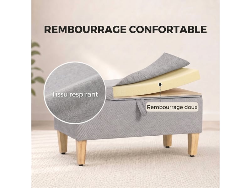  Banc de rangement gris clair 71 cm avec coffre, aspect lin et pieds en bois d'hévéa  - Conforama E