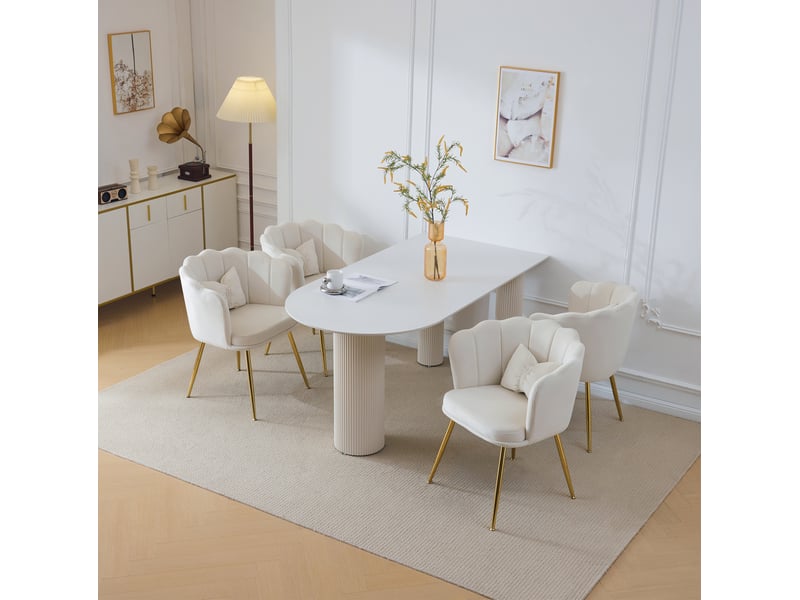  Chaise rembourrée à dossier pétale avec coussins de soutien et pieds métalliques dorés en velours beige  - Conforama C