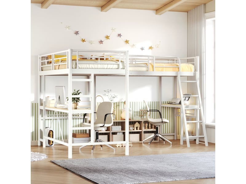  Lit mezzanine 90x200cm - 2 couchages + bureau + double échelle - métal - blanc CozyNest - Conforama B