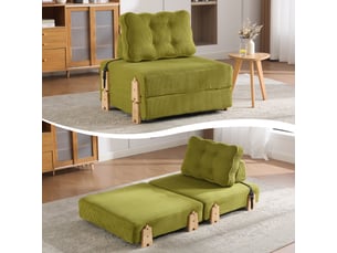 Fauteuil convertible lit single design scandinave cord vert olive structure bois massif 90x86x84cm
