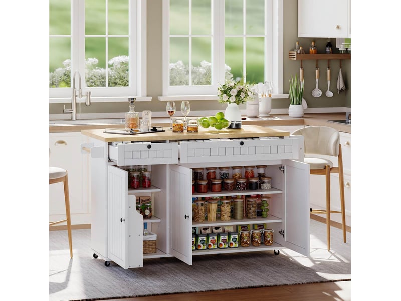 Îlot de cuisine mobile 137x70x89,5 cm blanc et naturel avec plateau rabattable - Conforama D