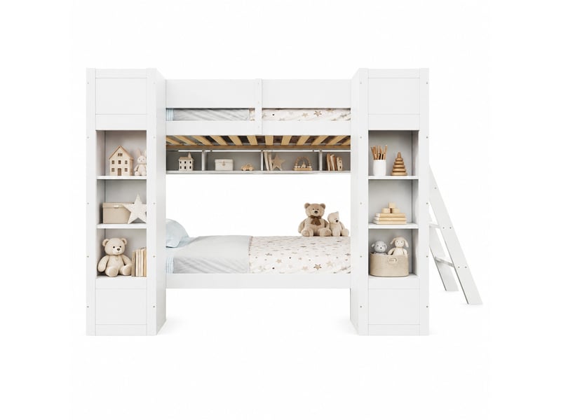  Lit superposé 90 × 200 cm avec 2 placards, étagère ouverte et échelle réversible pour chambre d’enfant  - Conforama A